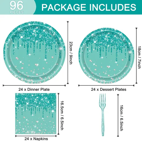 Vista 2 de 96 piezas de platos, servilletas y tenedores para fiesta de cumpleaños azul, verde, plateado, juego de vajilla desechable de papel con temática