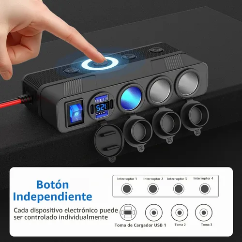 Vista 5 de Divisor de enchufe de cargador de coche de 12 V 24 V con cable de 10 pies/3M, 3 enchufes para encendedor de cigarrillos, enchufe adaptador de 4