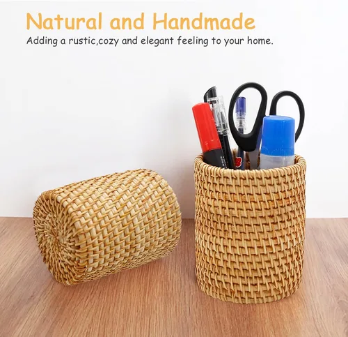 Vista 5 de Paquete de 2 soportes para lápices de ratán para escritorio, organizador de bolígrafos hecho a mano, cubo bohemio, accesorios de escritorio, soporte