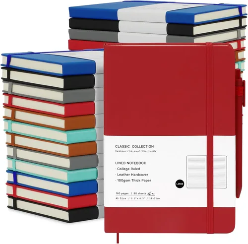 Vista 8 de Coopay Paquete de 24 cuadernos A5 con 24 bolígrafos blancos, juego de diario clásico a rayas de cuero de tapa dura con soporte para bolígrafo