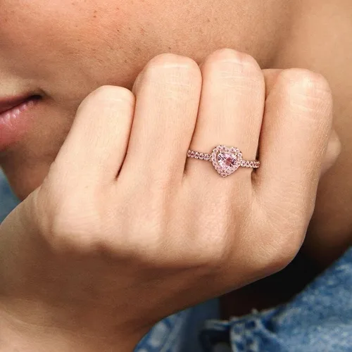 Vista 5 de Pandora Anillo de corazón elevado brillante Anillo de oro rosa para mujer Anillo en capas o apilable Regalo para ella Rosa chapada en oro rosa