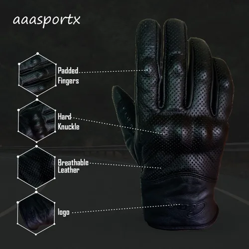 Vista 3 de Guantes de motocicleta para hombres y mujeres, dedo completo, color negro, perforado, de cuero, para pantalla táctil, guantes de motocicleta
