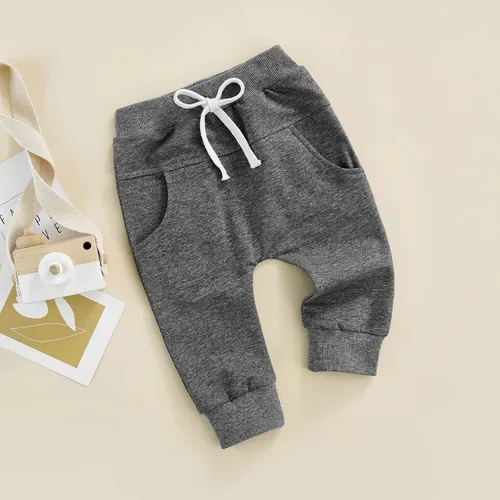 Vista 3 de Pantalones deportivos para bebé, cintura elástica, con cordón, pantalones de algodón casuales con bolsillos