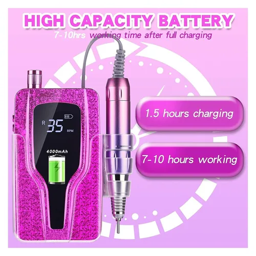 Vista 3 de Lima de uñas eléctrica, 35000 rpm, máquina de manicura, recargable, potente lima de uñas eléctrica, motor profesional para esmalte de gel arcílico