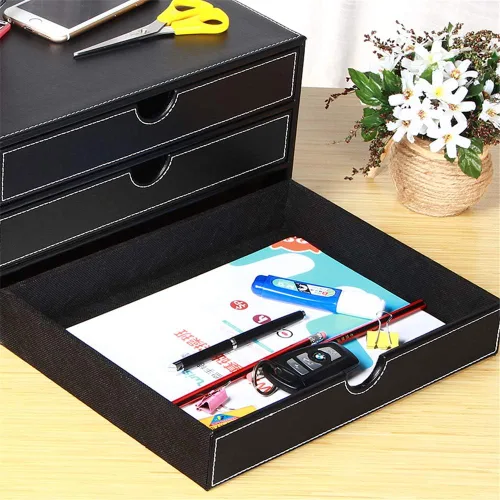 Vista 5 de Ayunga Organizador de escritorio de cuero con 3 cajones, suministros de oficina ejecutiva, archivador A4, caja de almacenamiento apilable