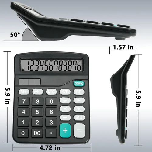 Vista 7 de Bonita calculadora de escritorio negra con botones grandes, fuente de alimentación doble, energía solar y batería, pantalla LCD grande, paquete de 2