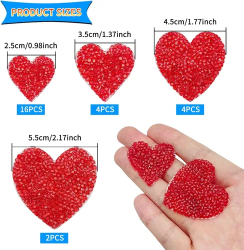 Vista 2 de 26 parches para planchar en forma de corazón, 4 tamaños, parches de corazón brillantes con diamantes de imitación, apliques adhesivos de diamantes