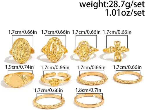 Vista 4 de Juego de anillos dorados de cruz de Virgen María para mujer, 10 piezas vintage gruesos apilables, anillos cruzados para nudillos, accesorios retro