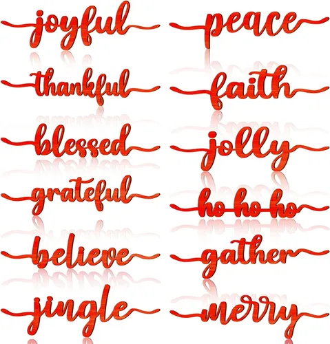 Vista 9 de 12 piezas de letreros de madera con palabras navideñas recortadas "Joyful Merry Thankful Grateful Blessed Peace Gather" para decoración de plato