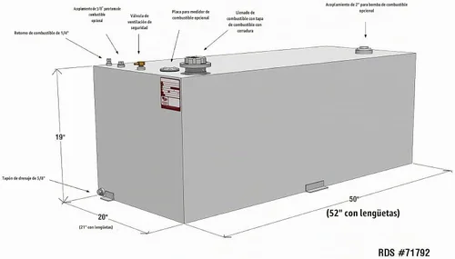 Vista 2 de RDS MFG INC 71792 Tanque de combustible de transferencia rectangular - Capacidad de 80 galones, 50 pulgadas de largo x 20 pulgadas de ancho x 19