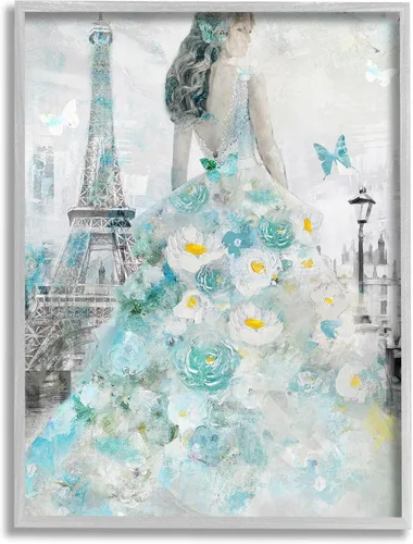 Vista 9 de Stupell Industries Mujer parisina con mariposa y vestido floral azul pintura placa de pared, 10 x 15, diseño por artista Main Line Art & Design