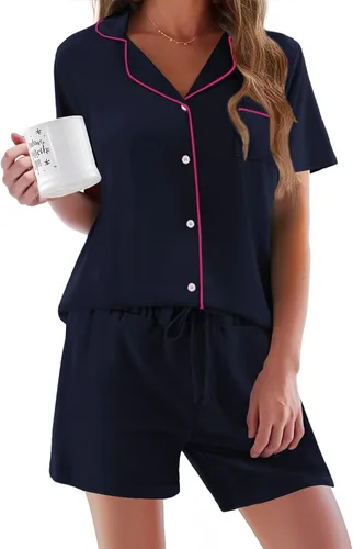 Vista 17 de Ekouaer - Conjunto de pijamas de manga corta para mujer, con botones, suave, 2 piezas, conjuntos de descanso, tallas XS-XXXL Verde Aqua