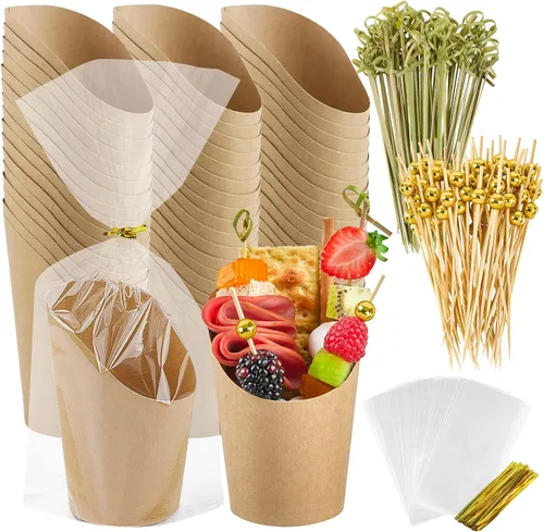 Vista 12 de Ocmoiy Vasos para embutidos con palillos negros desechables de 14 onzas de papel kraft, vasos individuales de aperitivo para servir en fiestas