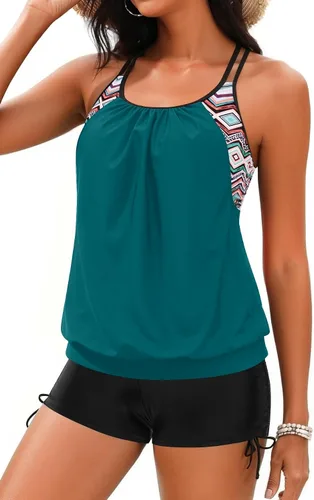 Vista 23 de Holipick Trajes de baño tankini de dos piezas con control abdominal, top de baño tipo blusa con shorts estilo boy shorts Verde Aqua