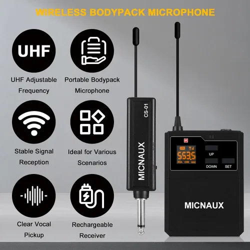 Vista 2 de Sistema de micrófono inalámbrico de solapa con auriculares y micrófonos de solapa, transmisores UHF, mini receptor recargable, 48 canales en 500
