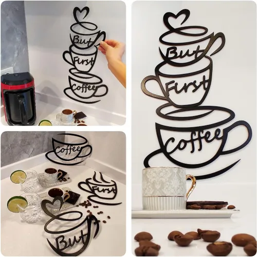 Vista 4 de 4eN Letrero de pared con texto en inglés «But First Coffee» – Decoración moderna de madera MDF para cocina y cafetería – Elegante decoración