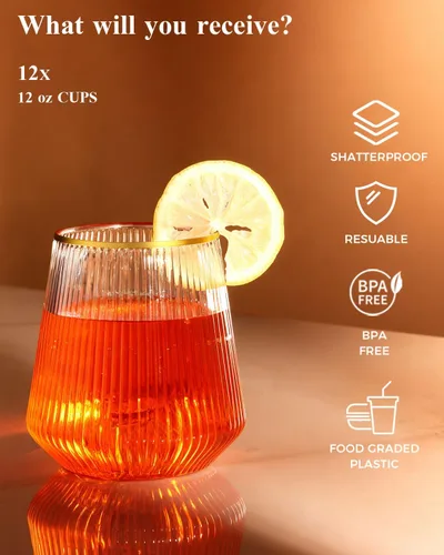 Vista 6 de BESTSTAR 24 Pack Plastic Ribbed Origami Ripple Plastic Glasses Set - 12 9 OZ Stemless Champagne Flutes & 12 12OZ Cups, BPA-Free Shatterproof Clear
