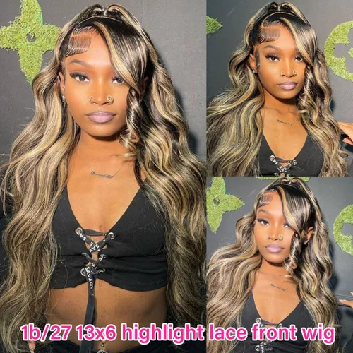 Vista 8 de Pelucas de Encaje Frontal Highlight Body Wave de Cabello Humano 1B/27 Sin Pegamento Densidad 180% 13x6 Peluca Sin Pegamento de Encaje Frontal