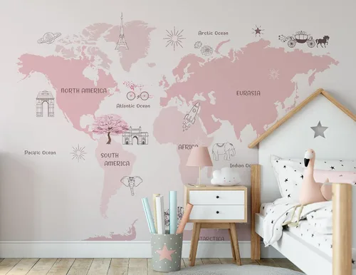 Vista 2 de Murwall For Girls Pink World Map Wallpaper Cartoon Pink Maps Wall Murals For Nursery Wall Print Girls Boys Bedroom Childroom