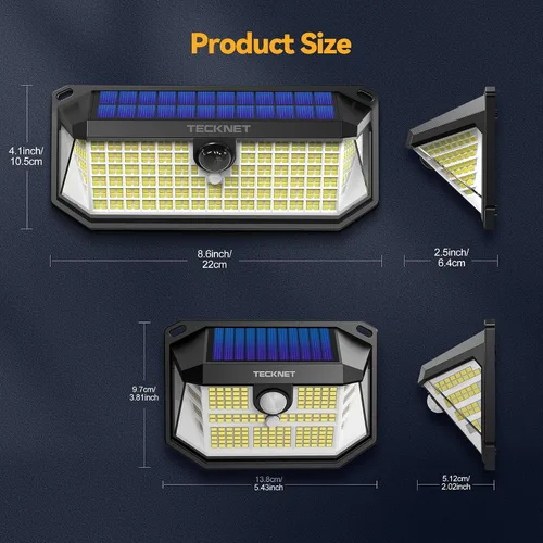 Vista 2 de TECKNET Luces Solares Súper Brillantes para Exteriores Paquete de 3, 2×231 LED y 1×416 LED, Ángulo de 300° y 3 Modos de Iluminación con Sensor