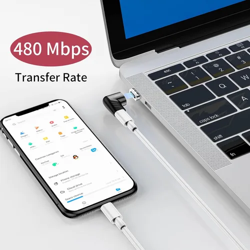 Vista 4 de Adaptador magnético USB C, conector tipo C de ángulo recto, carga rápida PD de 120 W, velocidad de transferencia de 480 Mbps, compatible
