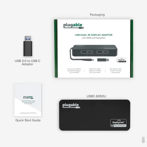 Vista 8 de Plugable Adaptador de monitor dual DisplayPort y HDMI 4K para USB 3.0 y USB-C, compatible con Windows