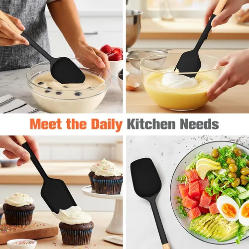 Vista 5 de Large Silicone Rubber Spatula Scrapers 14" with Long Wood Handle, 2 Pack Black