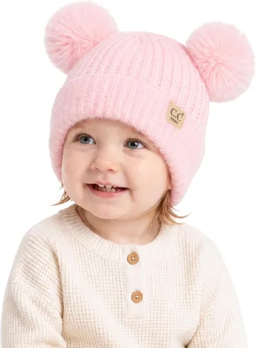 Vista 15 de C.C Gorro de Bebé con Doble Pompón de Piel con Orejeras para Niños y Niñas - Gorro de Punto Skully Cómodo, Suave y Cálido para Bebés, Niños Pequeños