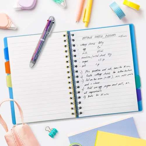 Vista 4 de Kesoto Cuaderno Rayado A5 con Bolígrafo Multicolor Cuaderno de Espiral con Alambre por Materias Diario con 5 Pestañas Divisorias y Bolígrafo Azul