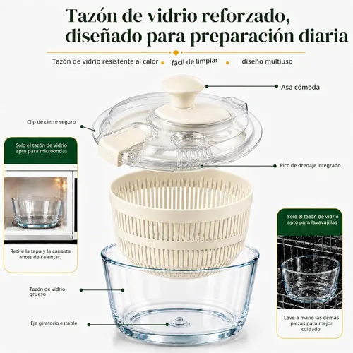 Vista 2 de Ensalada de vidrio Spinner 3.2 cuartos de galón, pequeño hilandero Blanco