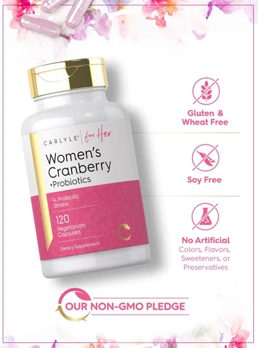 Vista 5 de Carlyle Probióticos Cranberry Plus para mujer 120 cápsulas con 14 cepas probióticas Vegetariano, sin OMG, suplemento sin gluten para ella