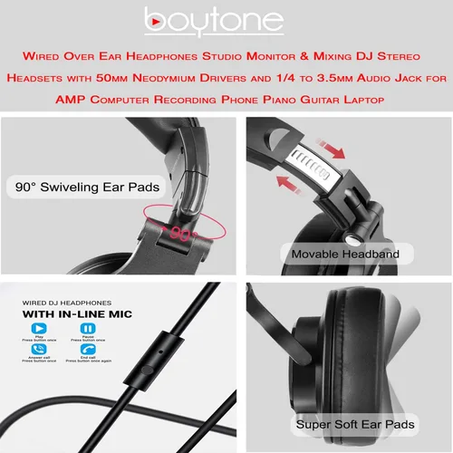 Vista 6 de Boytone BT-10RD - Auriculares con cable sobre la oreja, monitor de estudio y mezcla de auriculares estéreo para DJ con controladores de 1.969 in