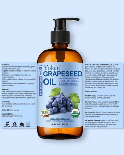 Vista 7 de Yoken Aceite orgánico de semilla de uva de 16 onzas, botella de vidrio de 16 onzas, USDA 100% puro y natural, prensado en frío, aceite portador