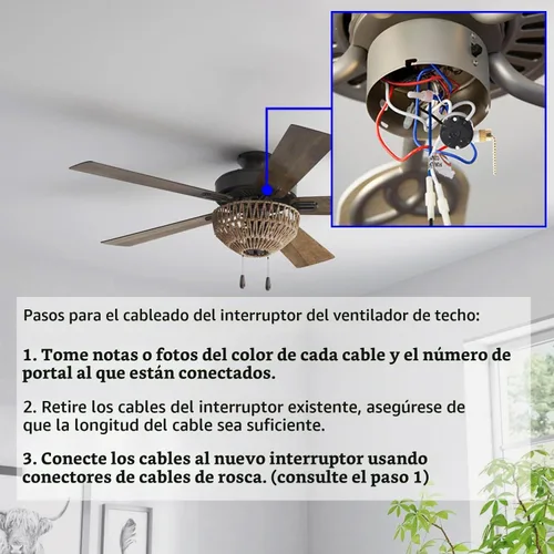 Vista 4 de Ventilador de techo de 3 velocidades, con 4 cables preinstalados, Zing Ear ZE-208s E89885 Interruptor de cadena de tracción de 4 cables, pieza