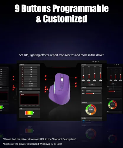Vista 7 de Ratón ergonómico inalámbrico para juegos con dos ruedas de Púrpura