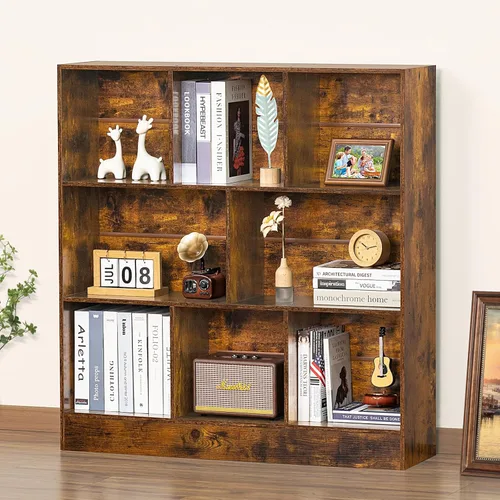 Vista 10 de LEYAOYAO Estantería moderna de 5 cubos de madera marrón de mediados de siglo, estante organizador de almacenamiento de 3 niveles, gabinete