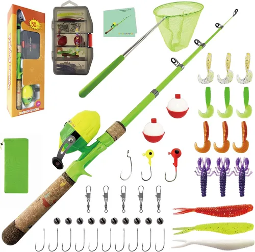Vista 10 de Kids Rod Set, Kids Fishing Rod and Reel Combo and Fishing Net Tackle Box with Fishing Lure Hook and Bag for Girls Beginners, Kids, Youth Anglers