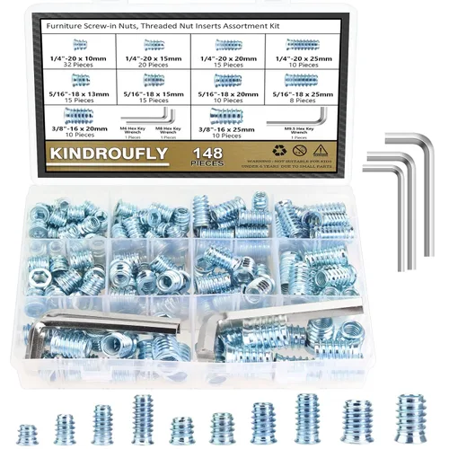 Vista 25 de Juego de 142 piezas: Insertos roscados de 1/4"-20 (10mm, 15mm, 20mm, 25mm), tuercas e insertos de madera para tornillos de muebles de madera, azul