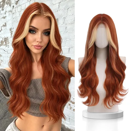Vista 17 de VERNA - Peluca rubia con flequillo, peluca sintética de aspecto natural, rizada, ondulada de 26 pulgadas, resistente al calor, estilo de parte media