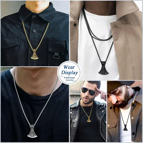 Vista 2 de FaithHeart Collar con colgante de hacha vikinga para hombres y mujeres, joyería vikinga nórdica de acero inoxidable con delicado embalaje de regalo