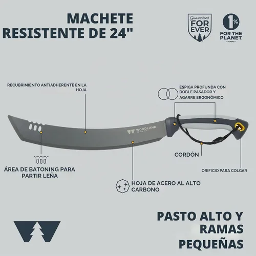 Vista 2 de Woodland Tools Machete resistente – Hoja curvada Parang de 16 pulgadas con espiga completa, mango ergonómico y funda de nailon balístico – Cortador