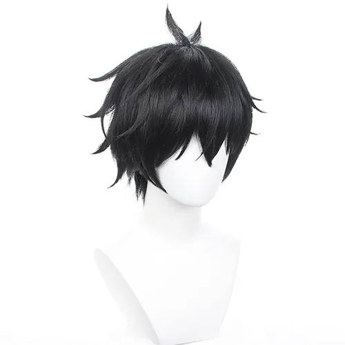 Vista 3 de XiongXiongLe Peluca negra corta y esponjosa para Halloween, disfraz de hombre, pelucas de pelo sintético para adultos, para fiesta