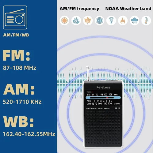 Vista 2 de Retekess Radio meteorológica NOAA de bolsillo PR15, radio de emergencia AM