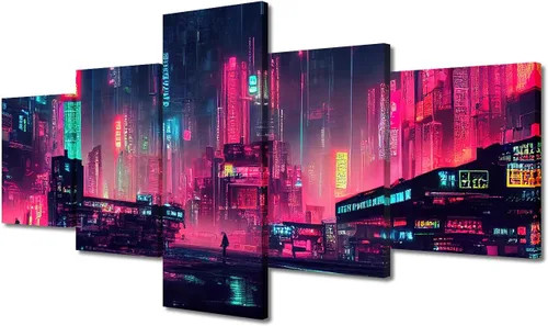 Vista 77 de Póster de 5 paneles en lienzo para decoración de pared, diseño de centro urbano Cyberpunk, impresión moderna, decoración de pared para el hogar