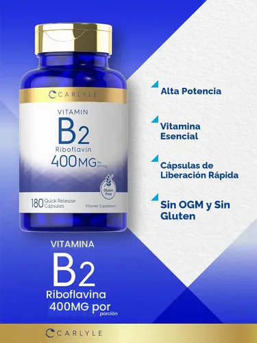 Vista 4 de Carlyle Vitamina B-2 400mg 180 unidades Riboflavina B2 Suplemento sin OMG, sin gluten
