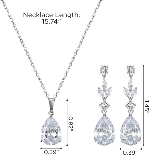 Vista 6 de SWEETV Juego de joyas de boda de lágrima para mujeres, novias, damas de honor, collar de novia de cristal, aretes de gota, disfraz de graduación