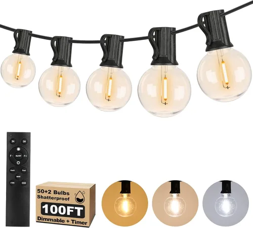 Vista 15 de Bosceos Tira de luces LED G40 para exteriores, 25 pies, regulables, inastillables, impermeables, con 12+2 bombillas conectables, luz colgante Blanco