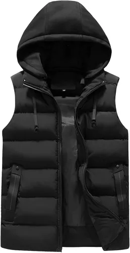 Vista 19 de WENKOMG1 Chaleco con capucha con doble cremallera para hombre, abrigo de color sólido, abrigo cálido y grueso, sin mangas, chaqueta suelta