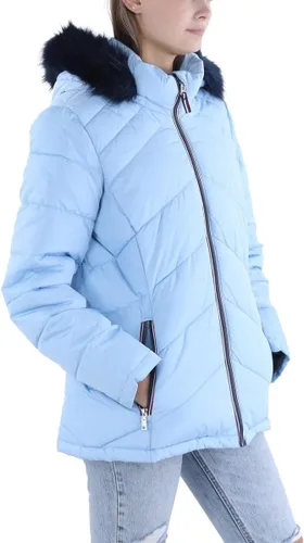 Vista 2 de Tommy Hilfiger Women's Chevoron Fur Hooded Short Puffer Jacket With Cinched Waist Cerulean