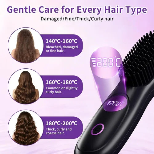 Vista 5 de Cepillo alisador de pelo, inalámbrico recargable con pantalla LED, carga USB, cepillo de alisado portátil de calentamiento rápido, temperatura
